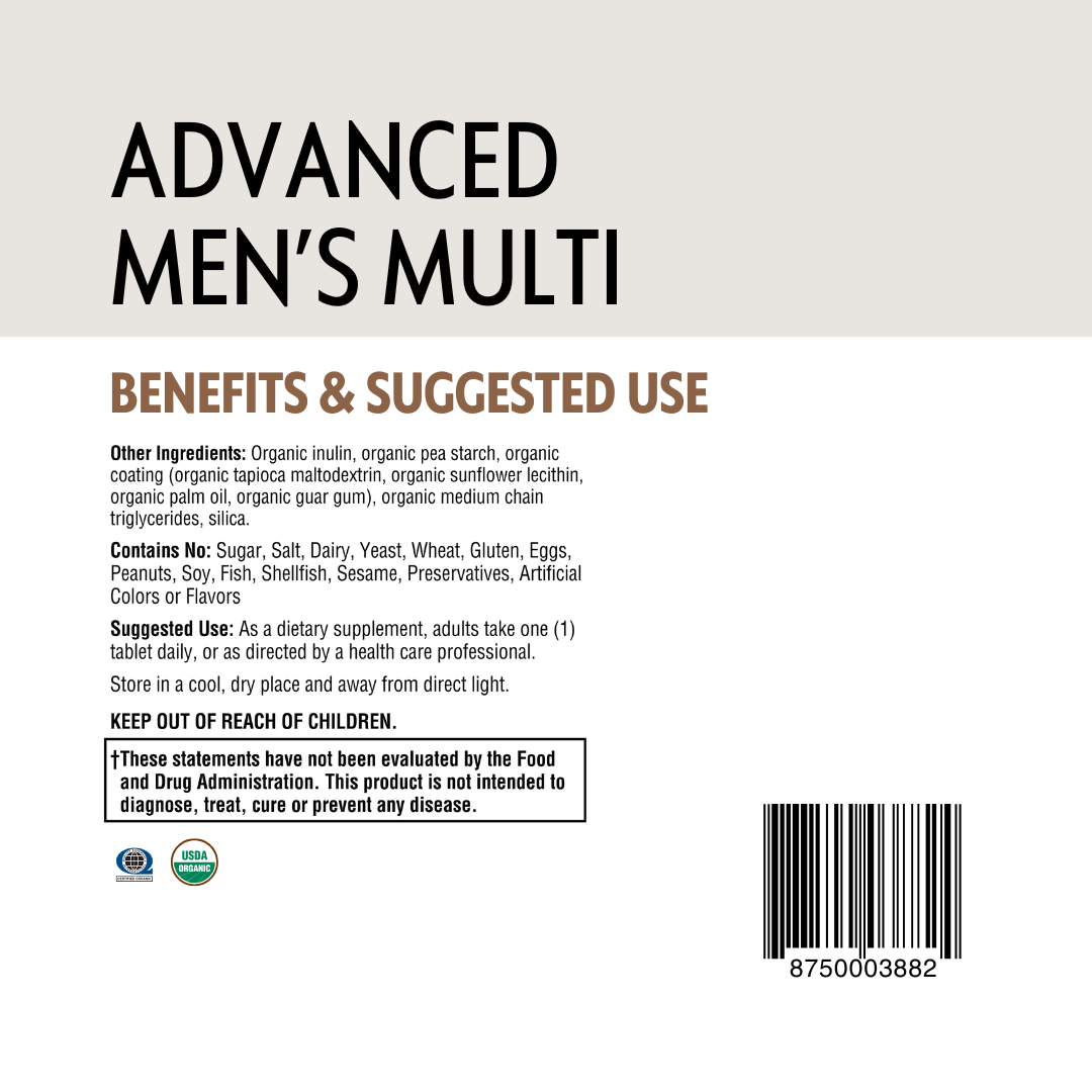 Back label of a supplement package for 'Advanced Men's Multi' with text and a barcode.