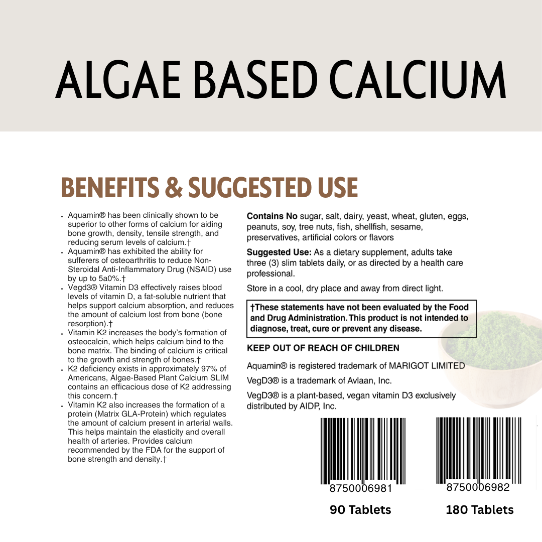 Back of a supplement package with text about algae-based calcium, benefits, and suggested use.