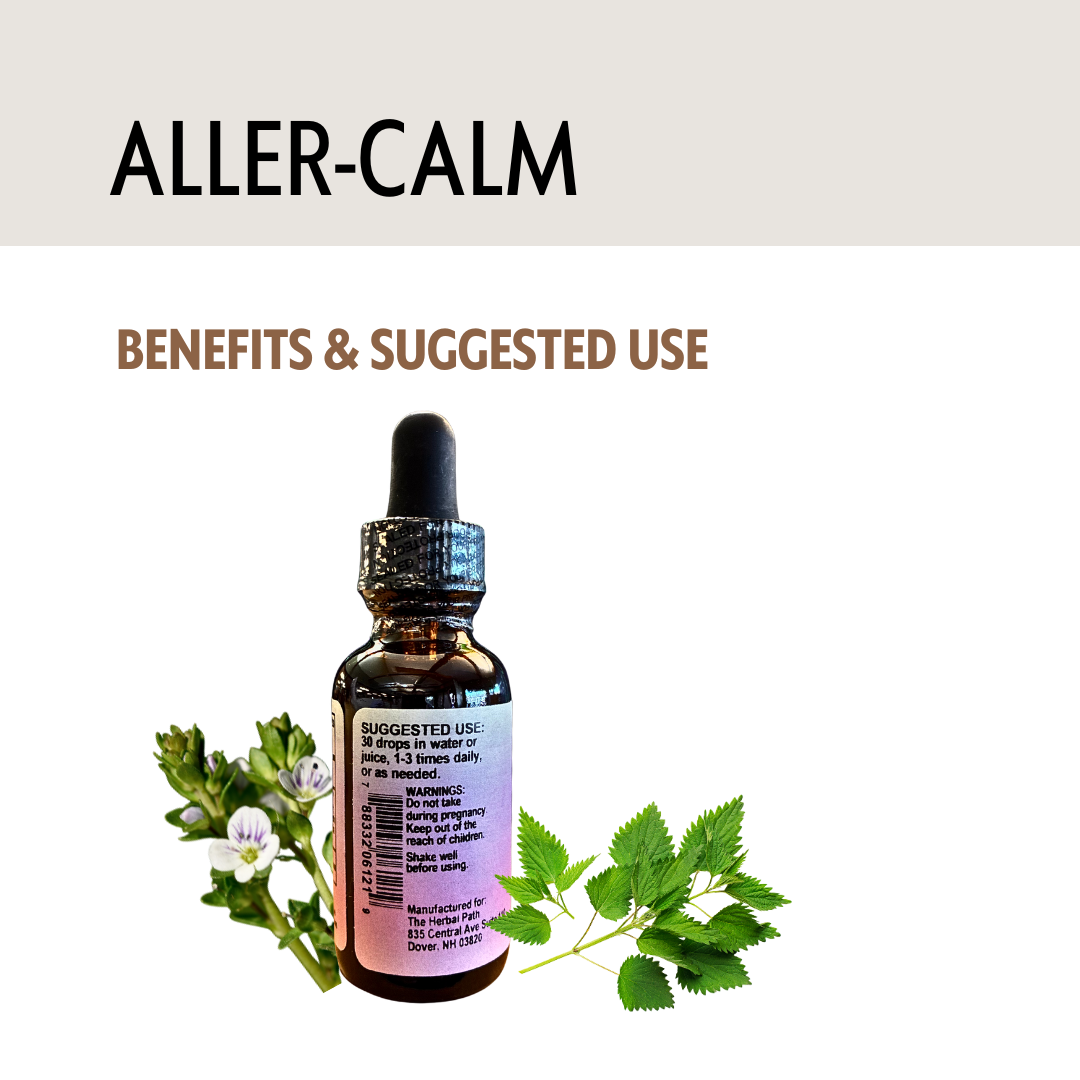 Bottle of 'ALLER-CALM' with herbs and leaves on a light background