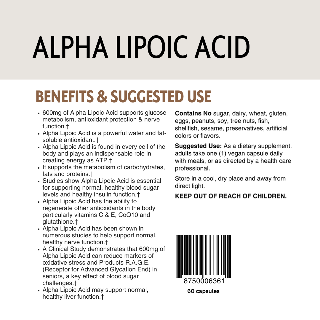 Alpha Lipoic Acid supplement label with benefits, barcode and usage information.