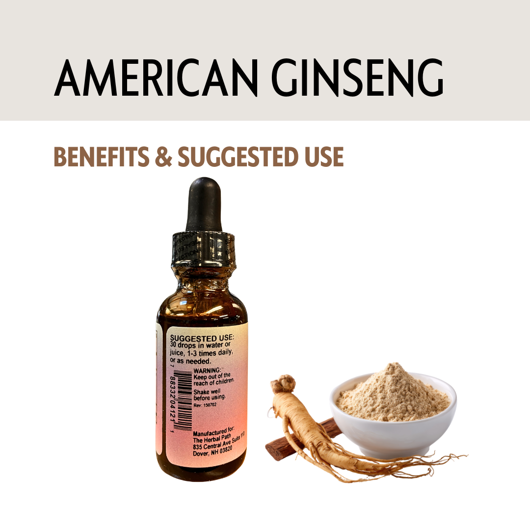 American Ginseng dropper bottle, root, and powder with text on a white background