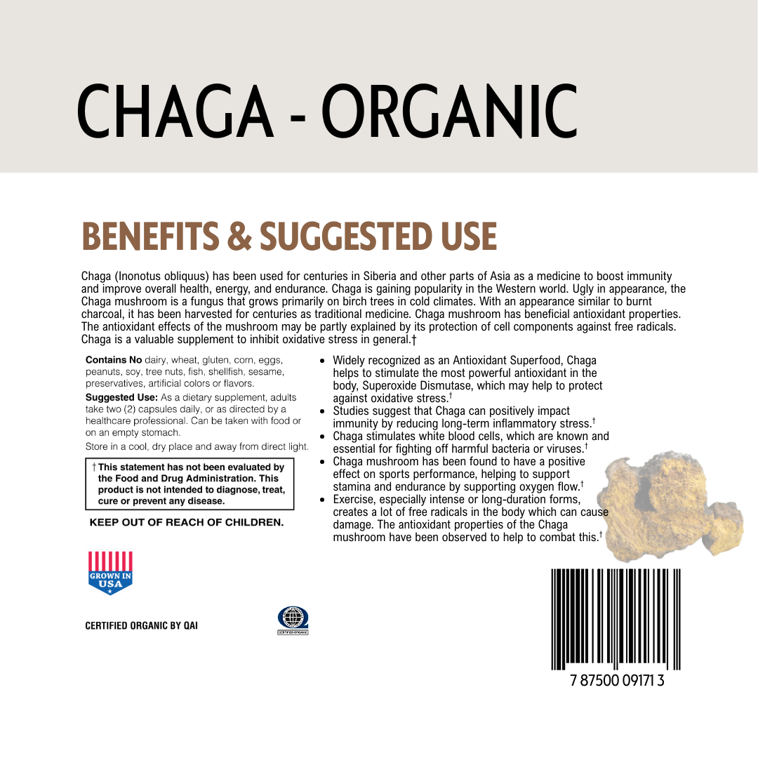 Back label of Chaga organic product with text and mushroom image on a white background.