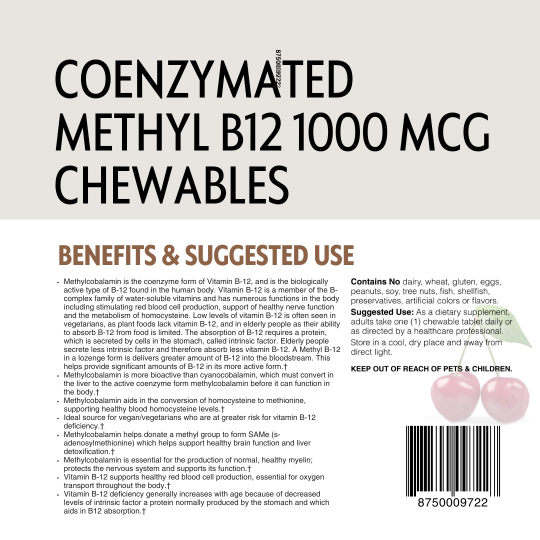 Label for Coenzymated Methyl B12 1000 mcg chewables with text and a barcode.