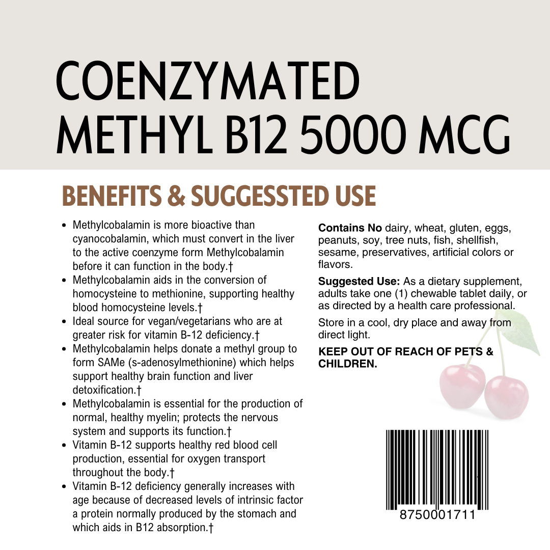 Back label of Coenzymated Methyl B12 5000 mcg supplement with text and bar code.