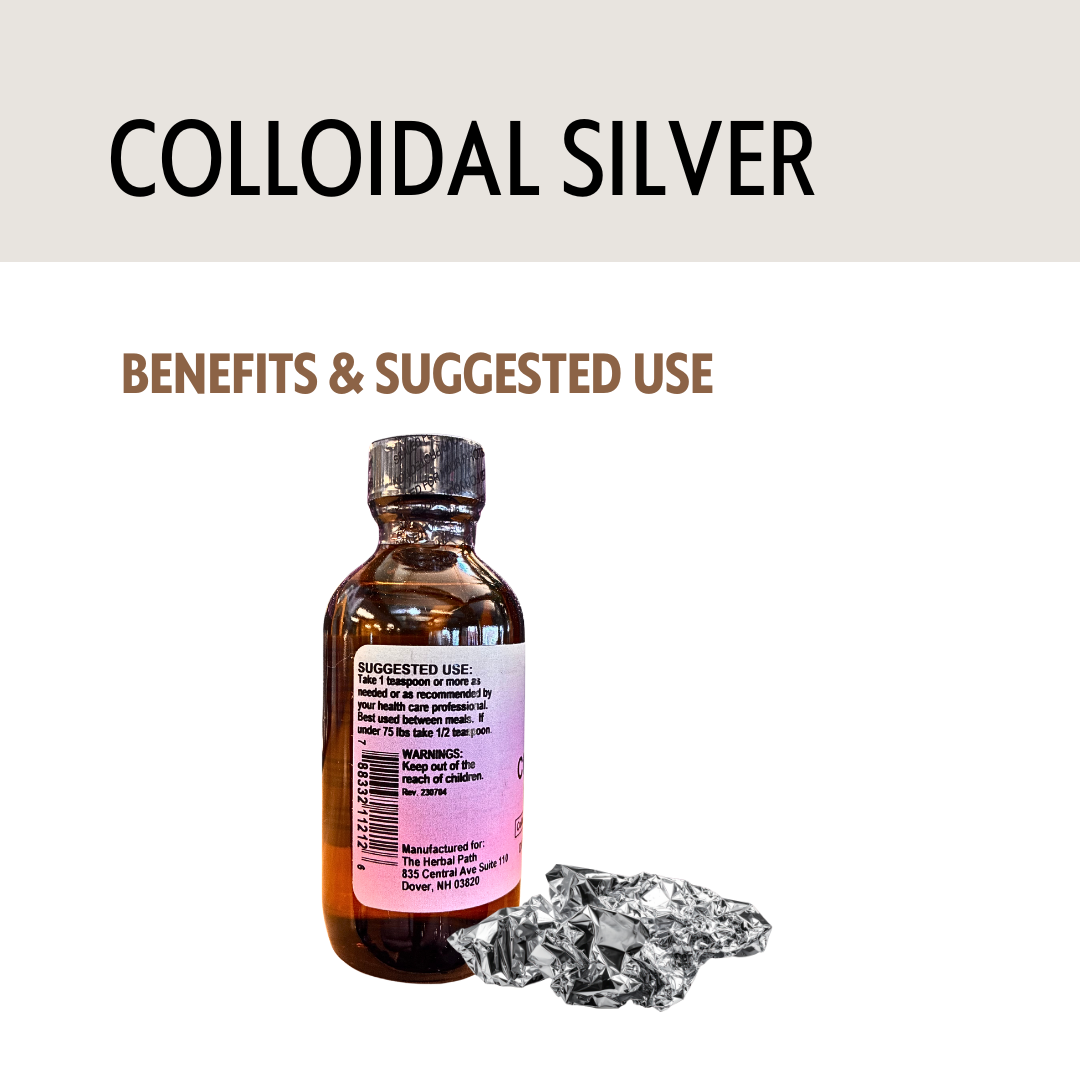 Bottle of colloidal silver with text about benefits and suggested use on a light gray background