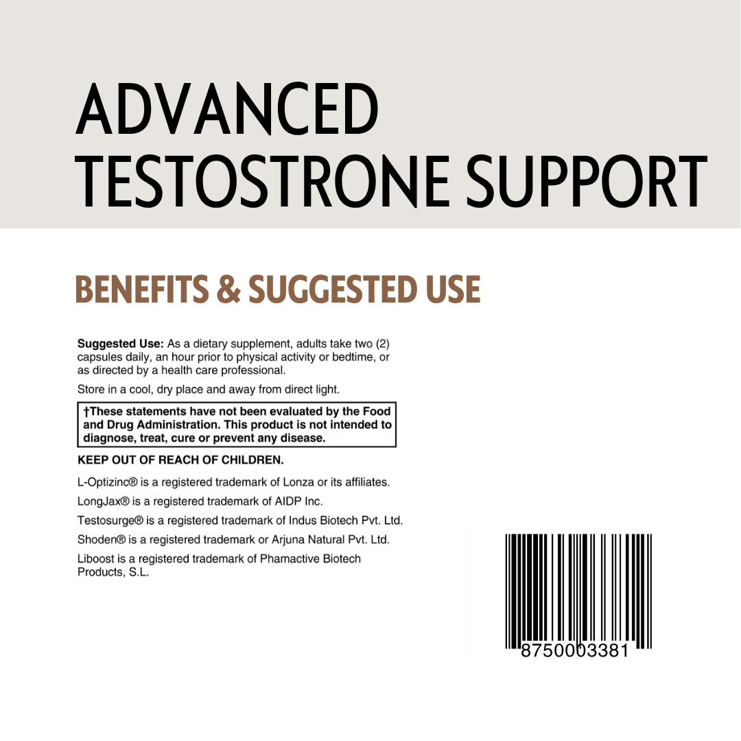 Back of a supplement box with large text reading 'ADVANCED TESTOSTRONE SUPPORT,' smaller 'BENEFITS & SUGGESTED USE' text, usage instructions, warnings, a barcode, and brand names LongJax and Testosurge.