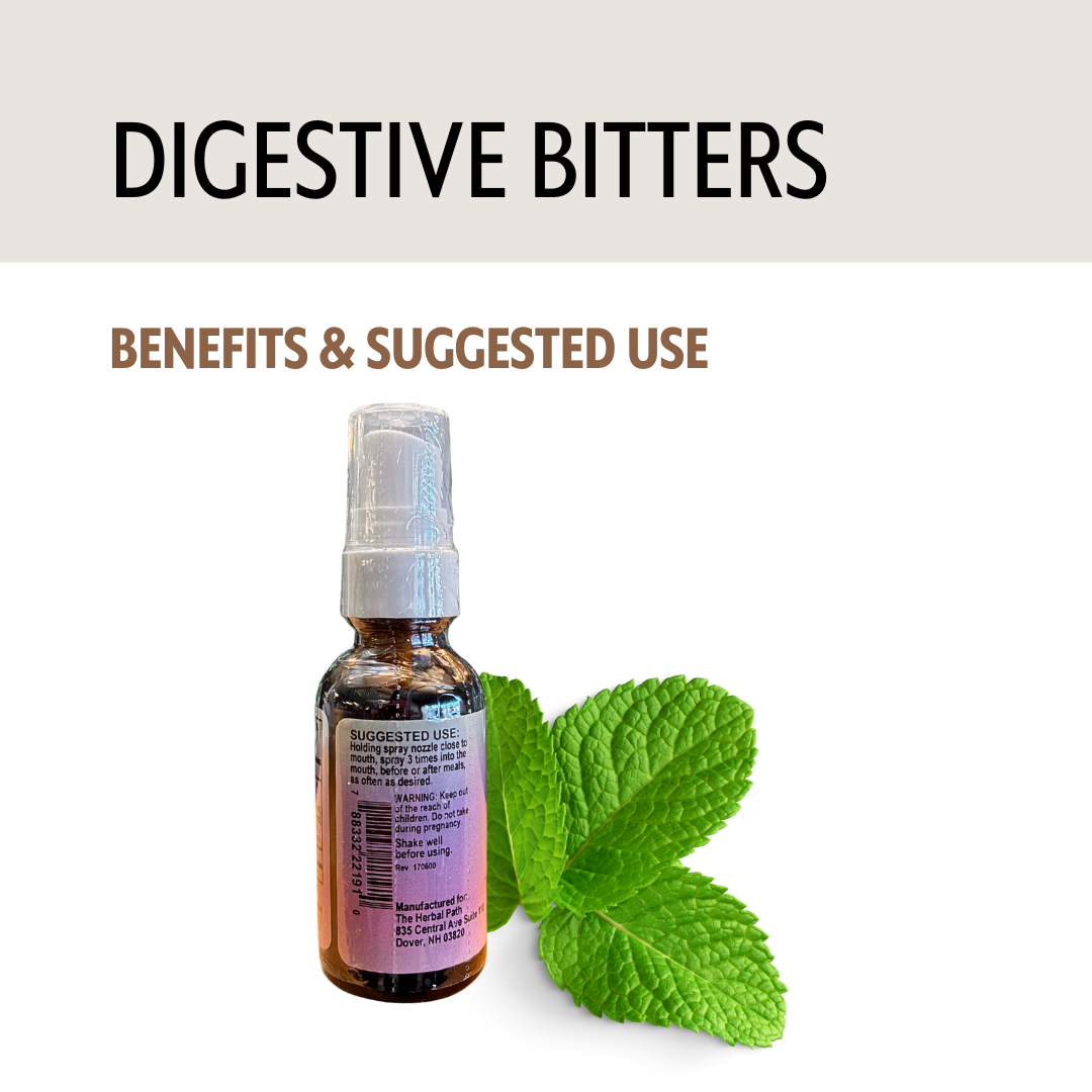 Bottle of digestive bitters with mint leaves on a light background