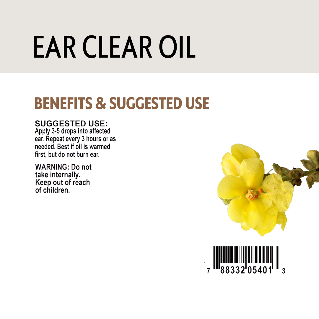 Label for ear clear oil with a yellow flower, barcode and text on a white background.