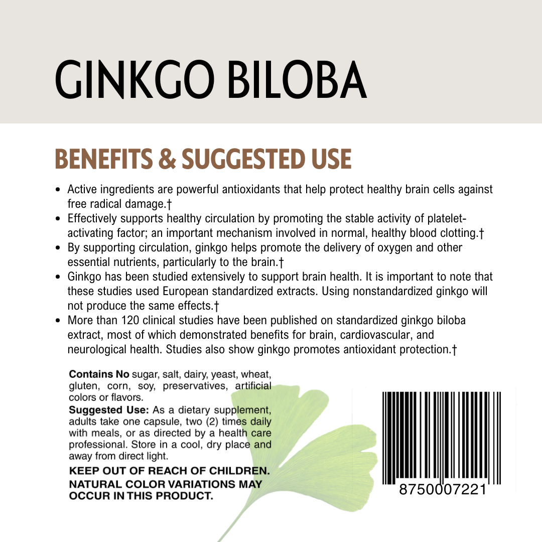 Ginkgo Biloba supplement label with benefits, suggested use and barcode.