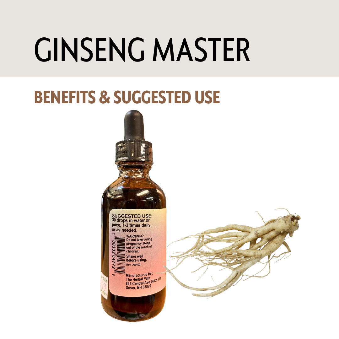 Bottle of Ginseng Master with ginseng root on a light gray background