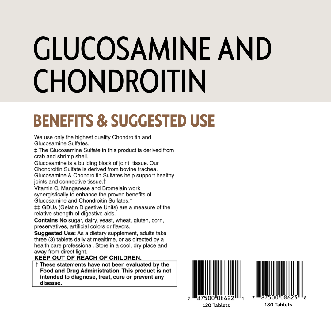 Product label for glucosamine and chondroitin with text and a barcode on a beige background