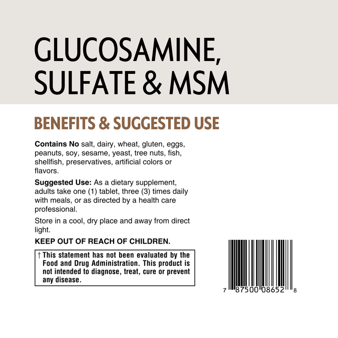 Supplement label with glucosamine, sulfate, and MSM information on a white background