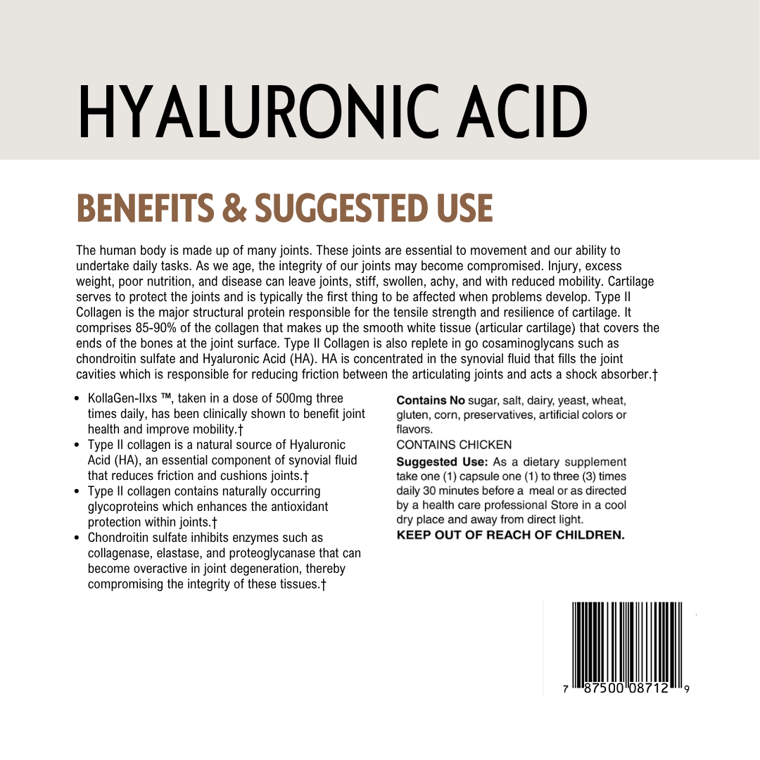 Back of a supplement package with text and barcode about hyaluronic acid benefits and usage.