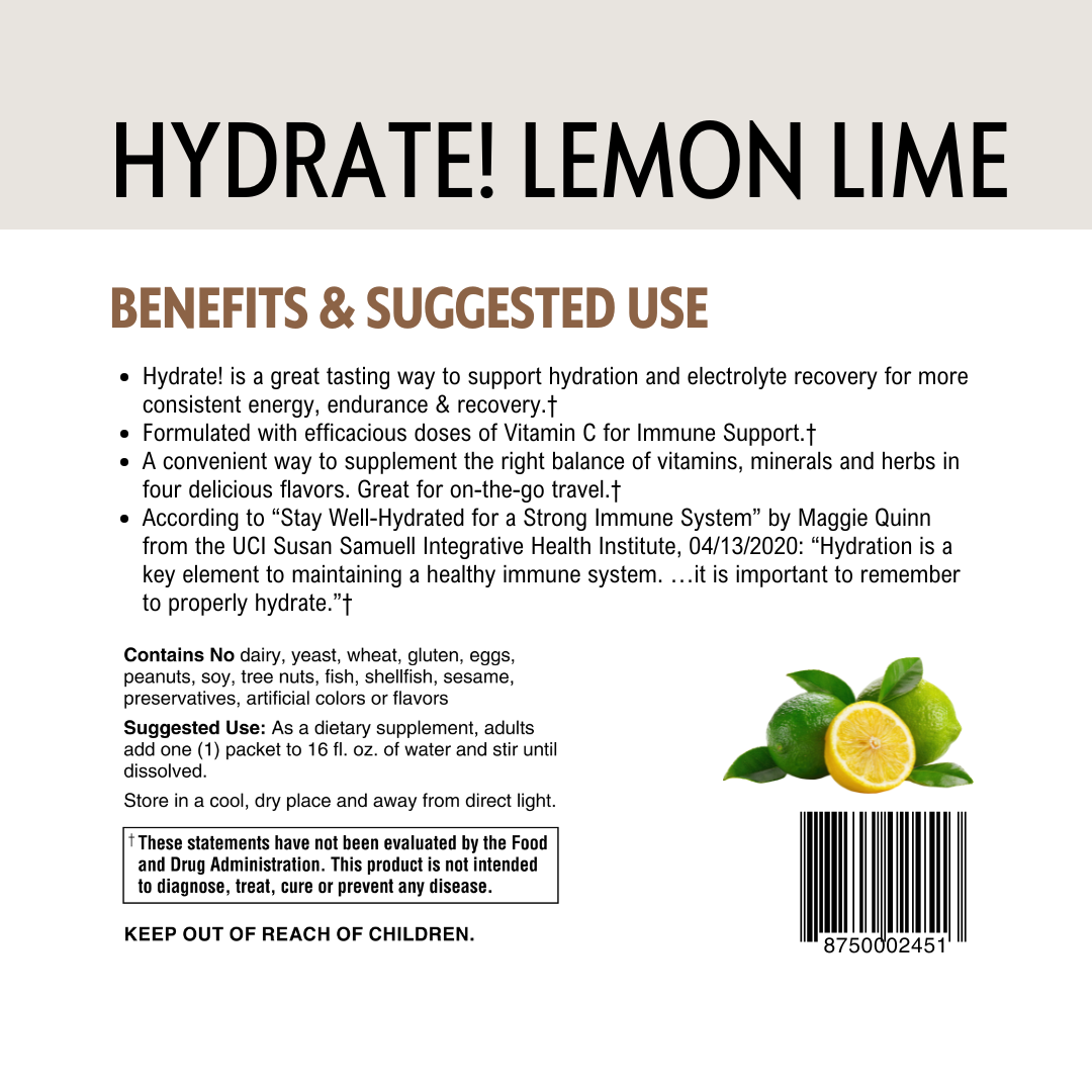 Product label for 'Hydrate! Lemon Lime' with text, barcode and lemon lime graphics on a white background.