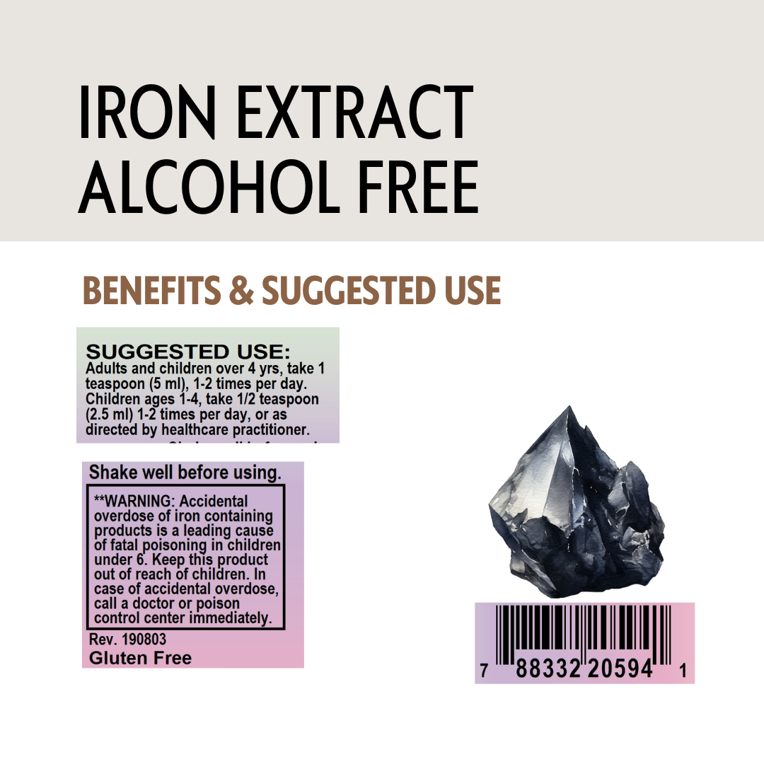 Iron extract supplement label with crystal and text on a white background