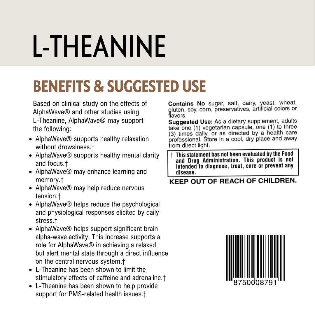 Back of a supplement package with L-Theanine benefits, barcode and suggested use text.