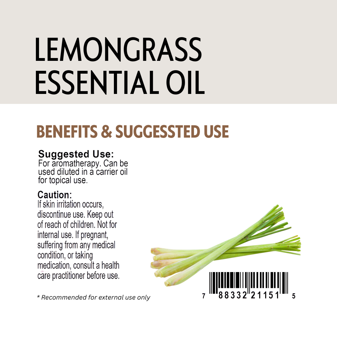 Lemongrass essential oil label with benefits, suggested use, and caution information.