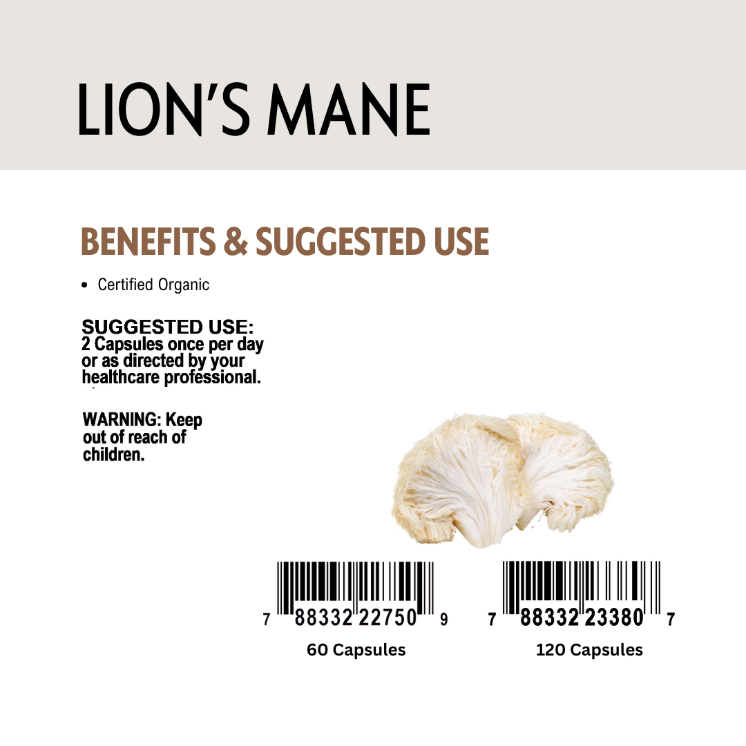 Lion's Mane supplement label with text and a mushroom image on a white background.