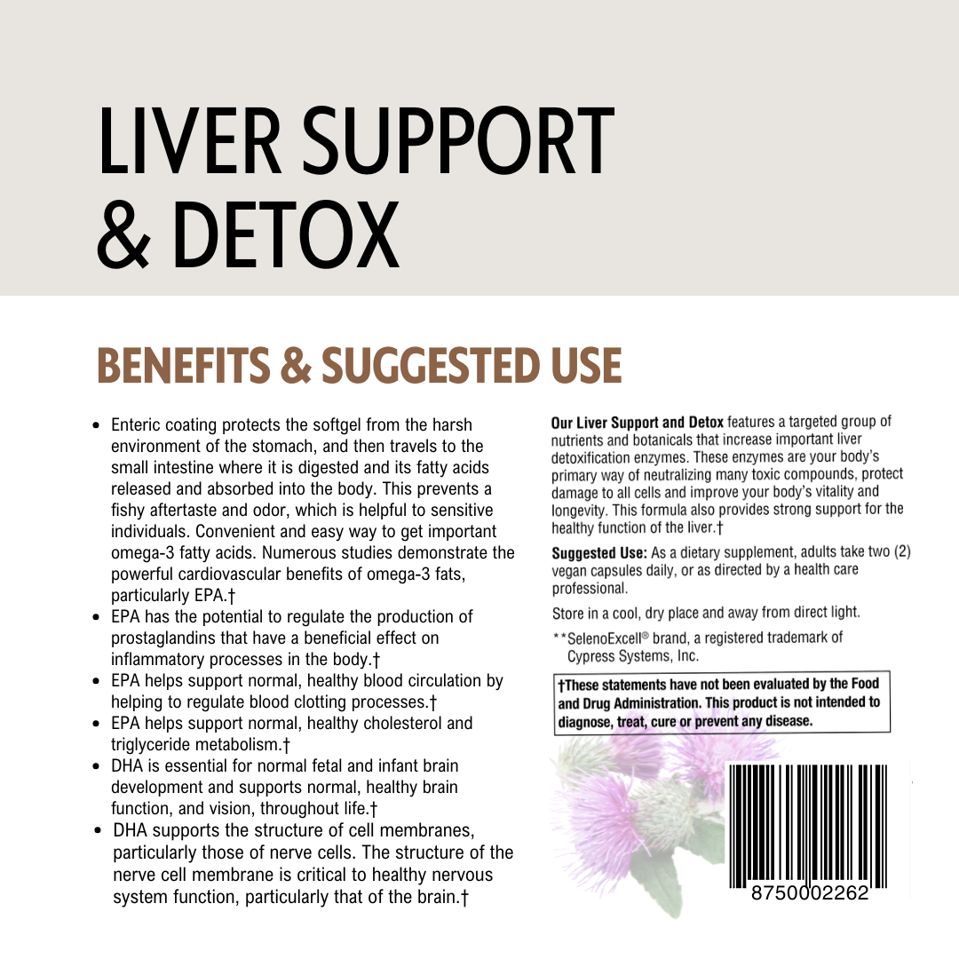 Product label for liver support and detox with text and a barcode.