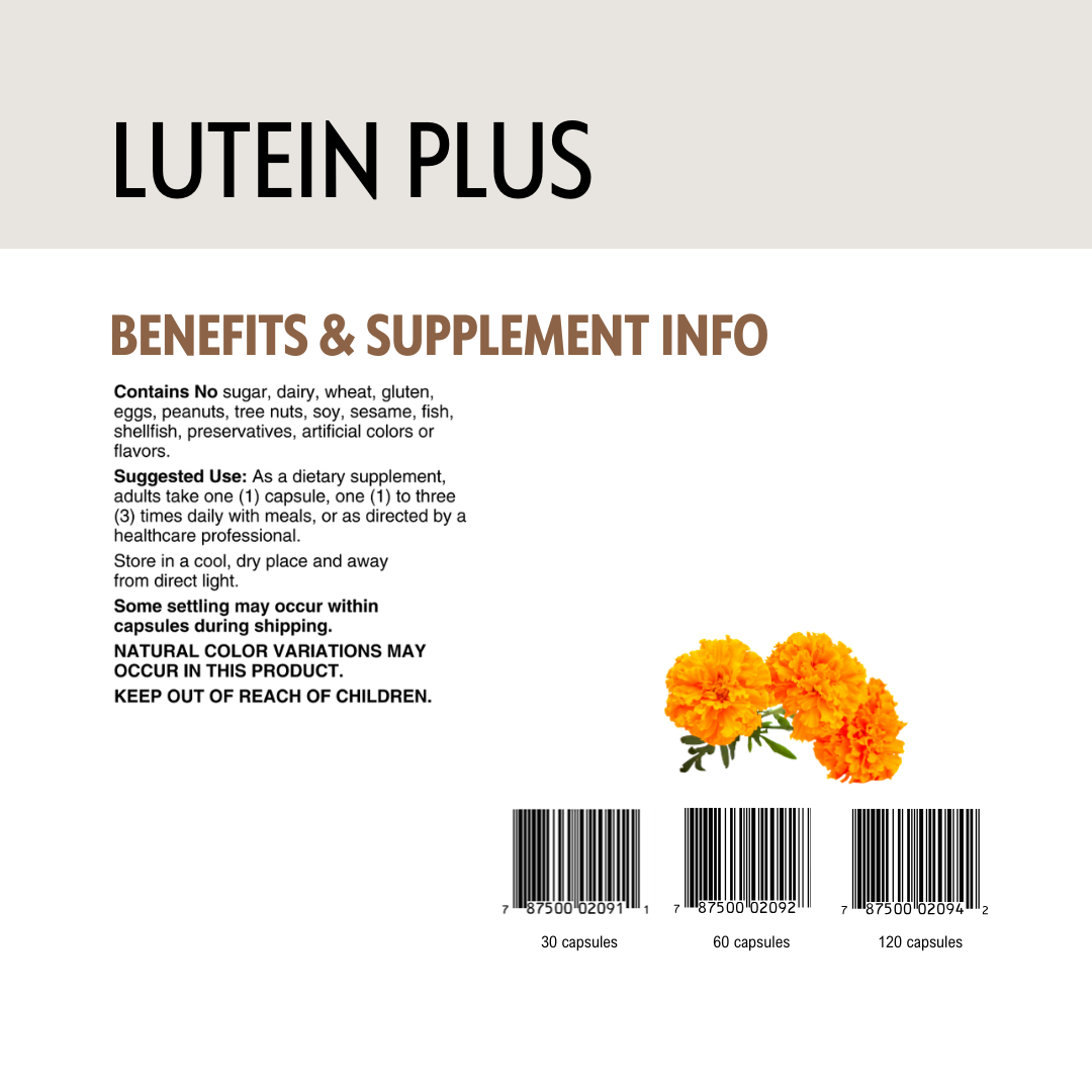 Lutein Plus supplement information label with text and barcodes on a white background.