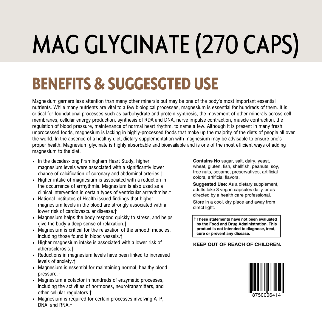 Back of a supplement package labeled 'MAG GLYCINATE (270 CAPS)' with barcode and text on benefits and usage.