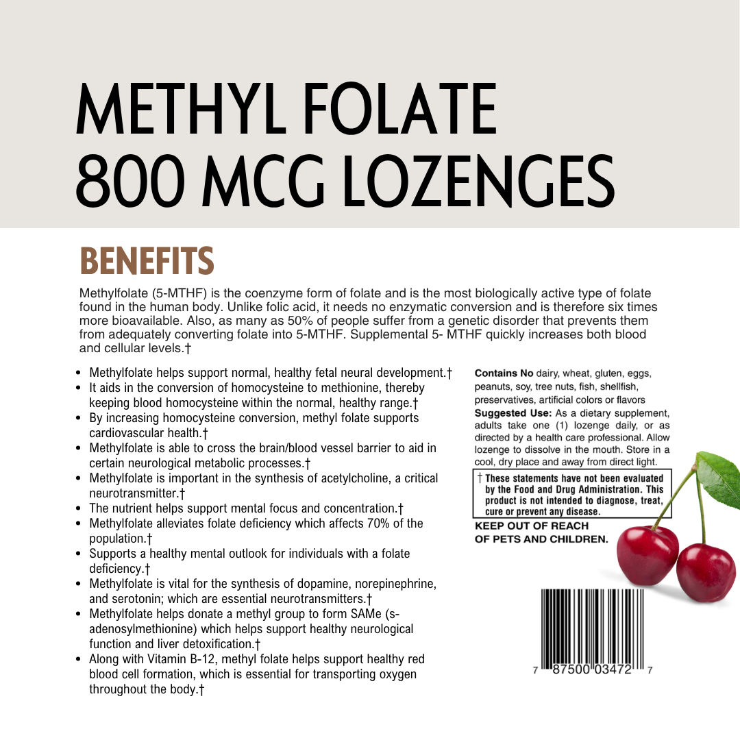 Methyl Folate lozenge packaging with benefits listed on a white background with barcode.