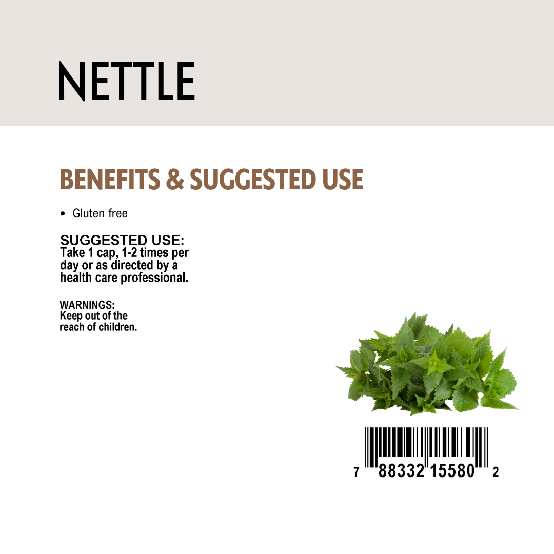 Nettle benefits and suggested use label and barcode.