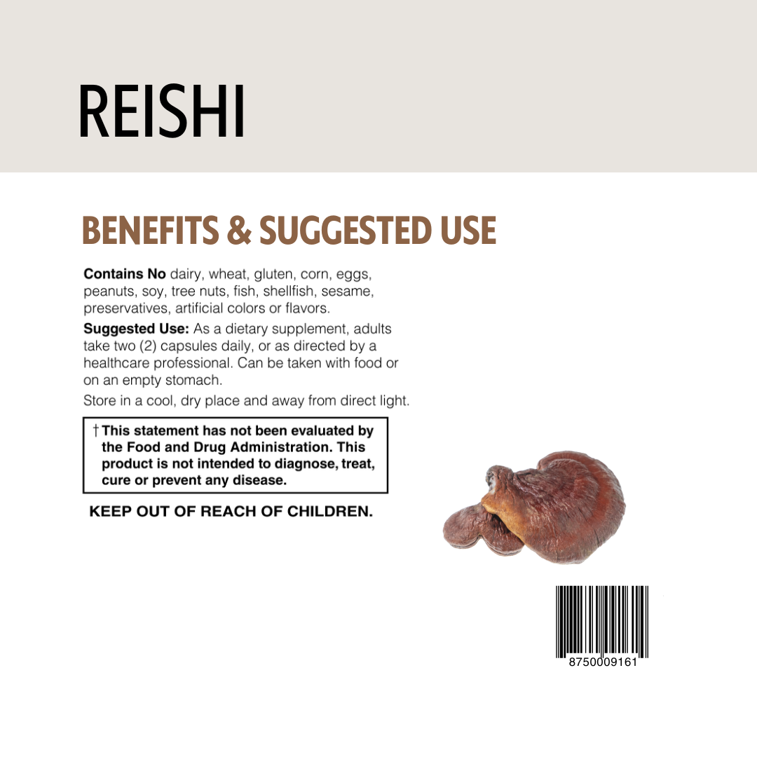 Reishi mushroom with text on benefits and suggested use on a white background.