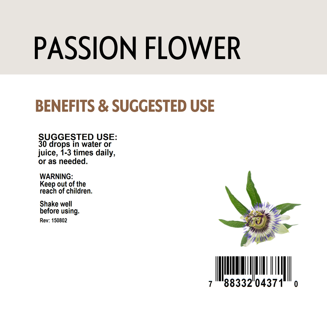 Passion flower label with benefits, suggested use, and a barcode on a white background