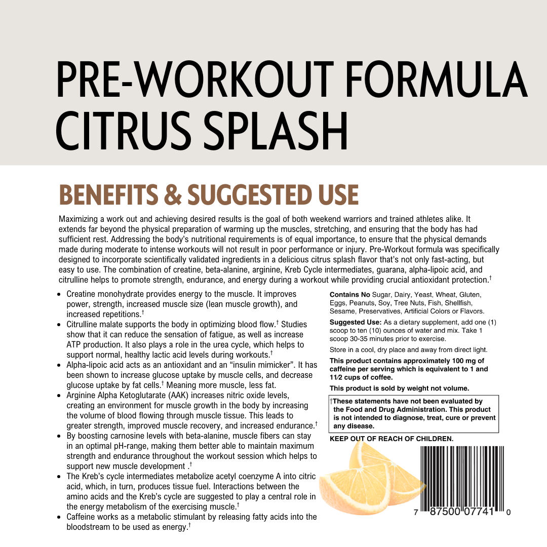 Pre-workout formula label with benefits and suggested use on a white background.