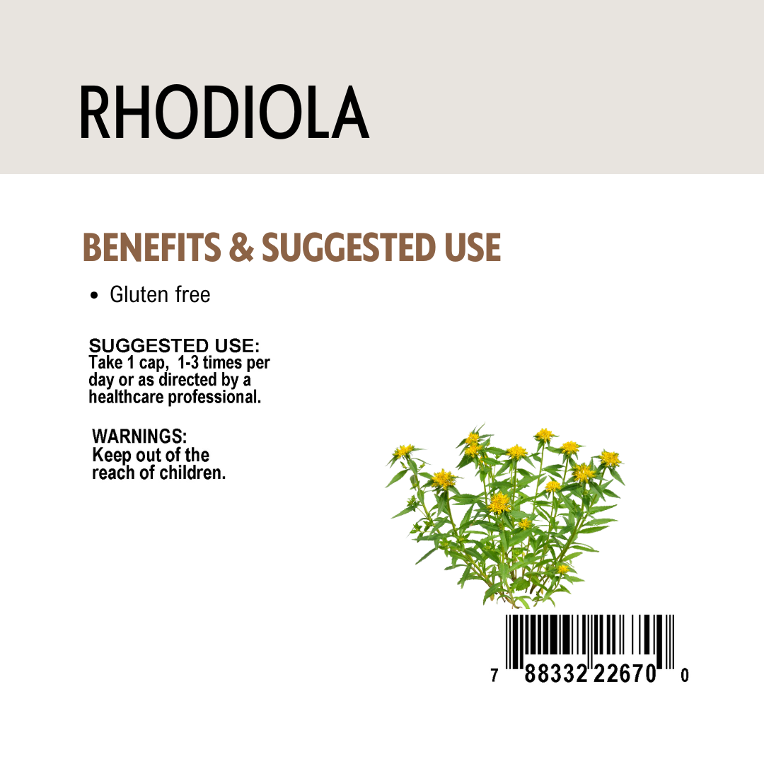 Rhodiola benefits and suggested use label with barcode on a white background.