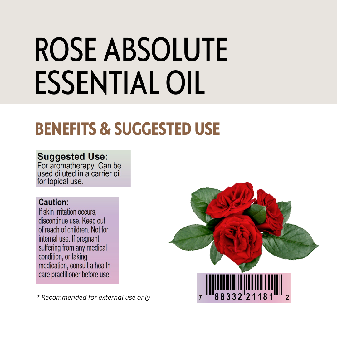 Rose Absolute Essential Oil label with red roses and text on a white background