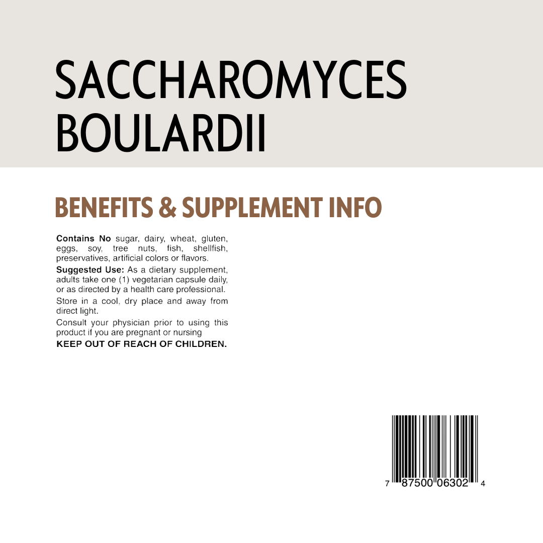 Supplement label for Saccharomyces Boulardii with text and a barcode on a beige background