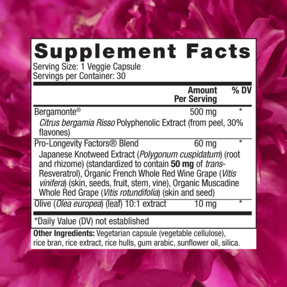 A supplement facts label for a veggie capsule product, showing ingredients and dosage information over a bright pink floral background.