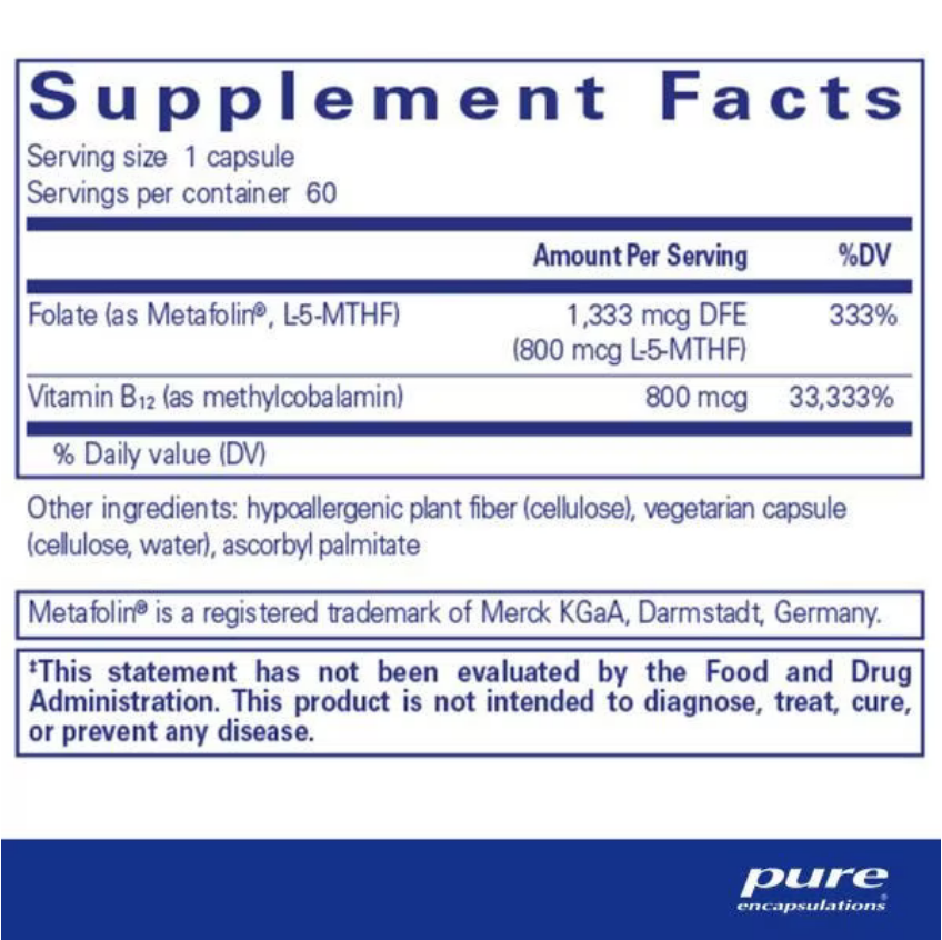A supplement facts label for Metafolin by Pure Encapsulations, showing serving size, calories, folate content, vitamin B12 content, and other ingredients in a clean text layout with blue headers and footer.