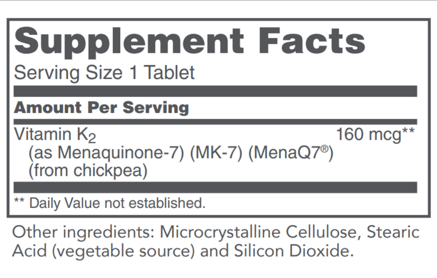 A supplement facts label showing Vitamin K2 content of 160 mcg from chickpea, with other ingredients listed below on a white background.