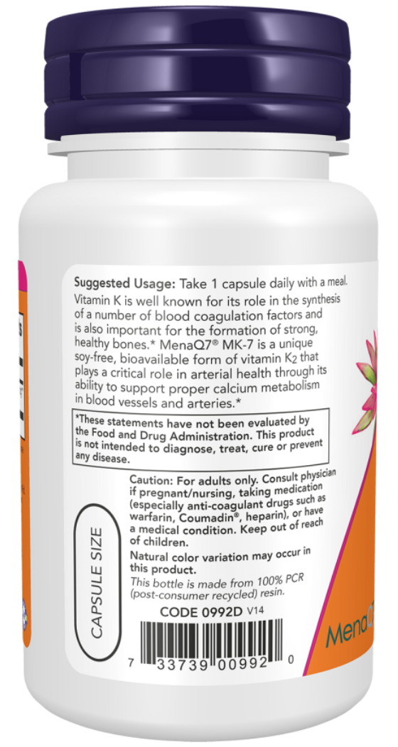 A white bottle of MenaQ7 MK-7 dietary supplement with a dark blue cap, showing the back label with usage instructions, warnings, and a barcode.