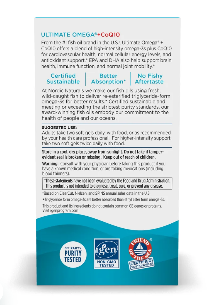 A product information card for Ultimate Omega+CoQ10 by Nordic Naturals, featuring white and light blue text on a white background with a blue circular purity test badge at the bottom.