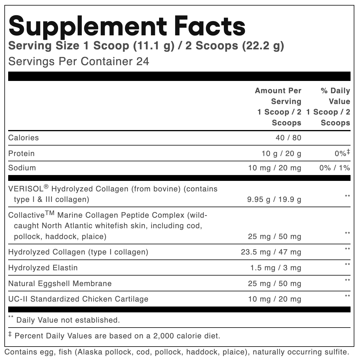 A close-up of a supplement facts label showing serving size, daily value information, and listed ingredients including Verisol Hydrolyzed Collagen, Collective Marine Collagen Peptide Complex, Hydrolyzed Elastin, Natural Eggshell Membrane, and UC-II Standardized Chicken Cartilage.