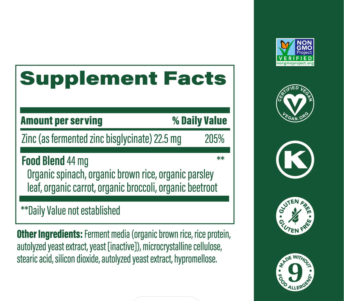 A supplement facts label for a food blend, showing a serving size of 44 mg with ingredients including organic brown rice, rice protein, organic parsley leaf, organic carrot, organic broccoli, and organic beetroot. The left side is white with the supplement facts panel, and the right side is dark green with certification logos including Non-GMO Verified, Vegan, Gluten Free, and Good for You.