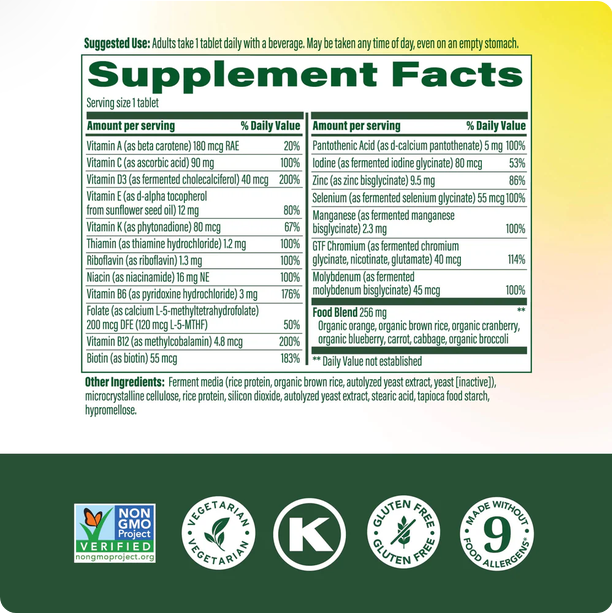 A supplement facts label with a white background and green border, listing ingredients and claims such as vegetarian, gluten free, and non-GMO. The label is shown against a dark green and yellow background.