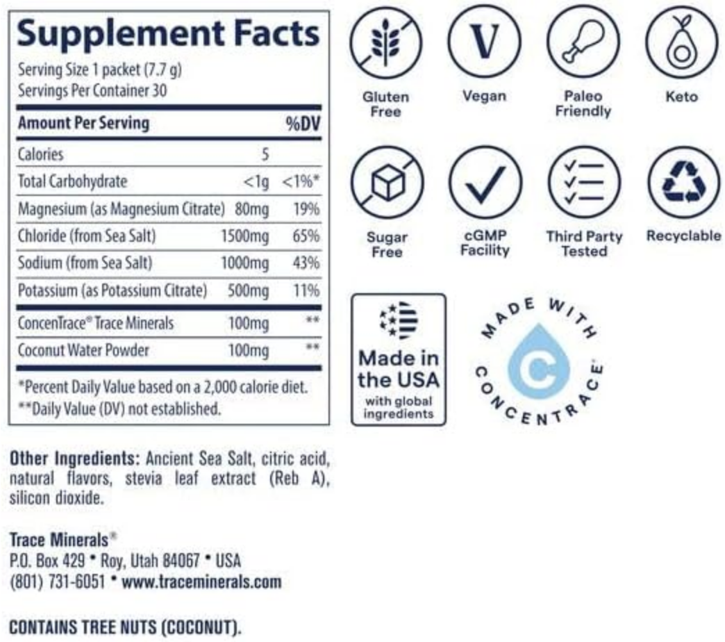Trace Minerals supplement facts label and icon graphic showing serving size 1 packet (7.7 g), nutrition per serving, other ingredients, and feature icons for gluten free, vegan, paleo friendly, keto, sugar free, cGMP facility, third party tested, recyclable, and made in the USA.