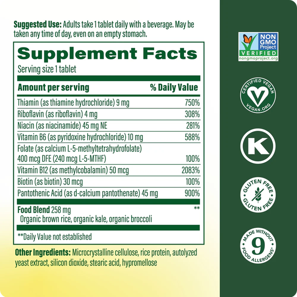 Supplement facts label with various certifications on a green and beige background