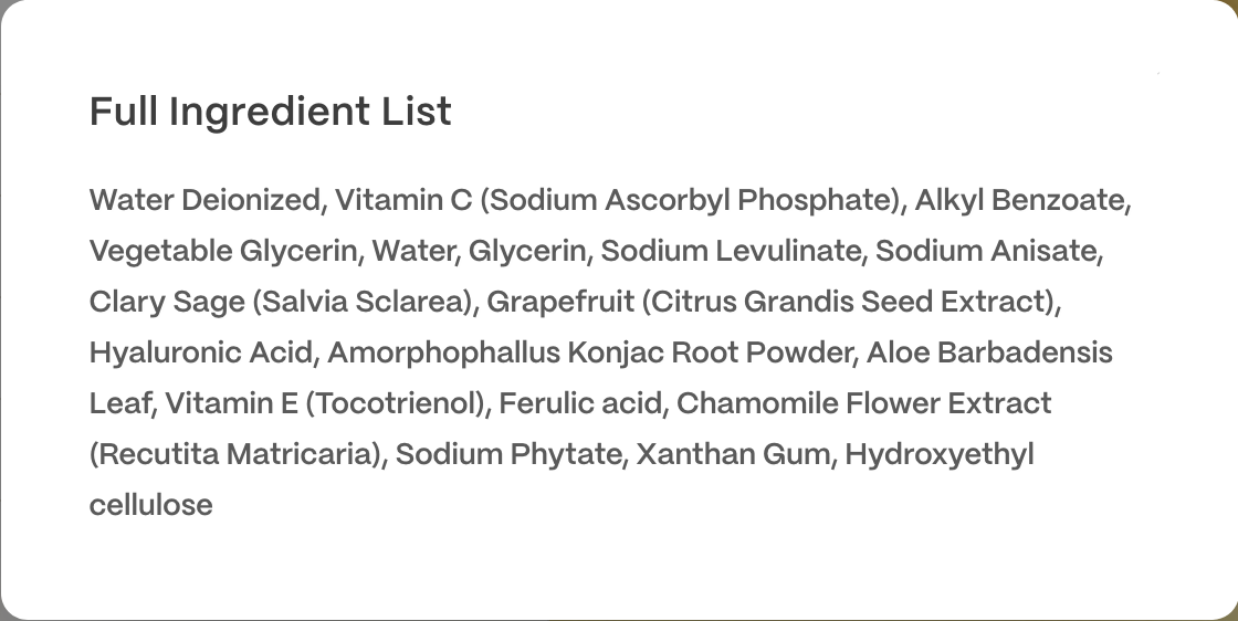 A digital graphic displaying a 'Full Ingredient List' on a white rounded card with black text, set against a dark gray background.