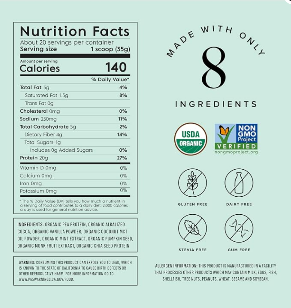 Truvani Organic Plant Based Protein Powder (Mint Chocolate)