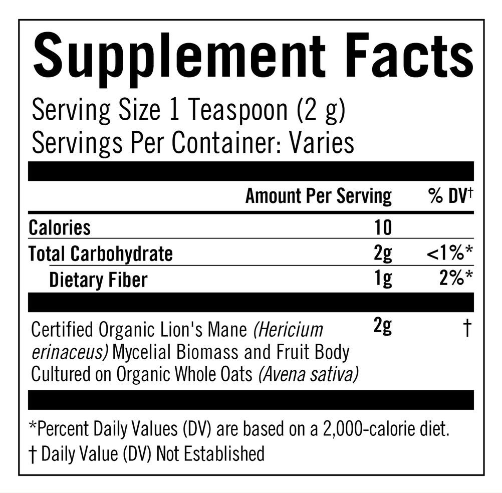 A black and white Supplement Facts label showing product details for Certified Organic Lion's Mane Mycelium Biomass and Fruit Body on organic whole oats.