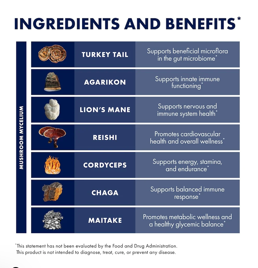 An infographic table titled 'INGREDIENTS AND BENEFITS' showing mushroom mycelium ingredients with icons and text: Turkey Tail, Agarikon, Lion's Mane, Reishi, Cordyceps, Chaga, and Maitake, each with a health benefit statement on a white background with blue and navy blocks.