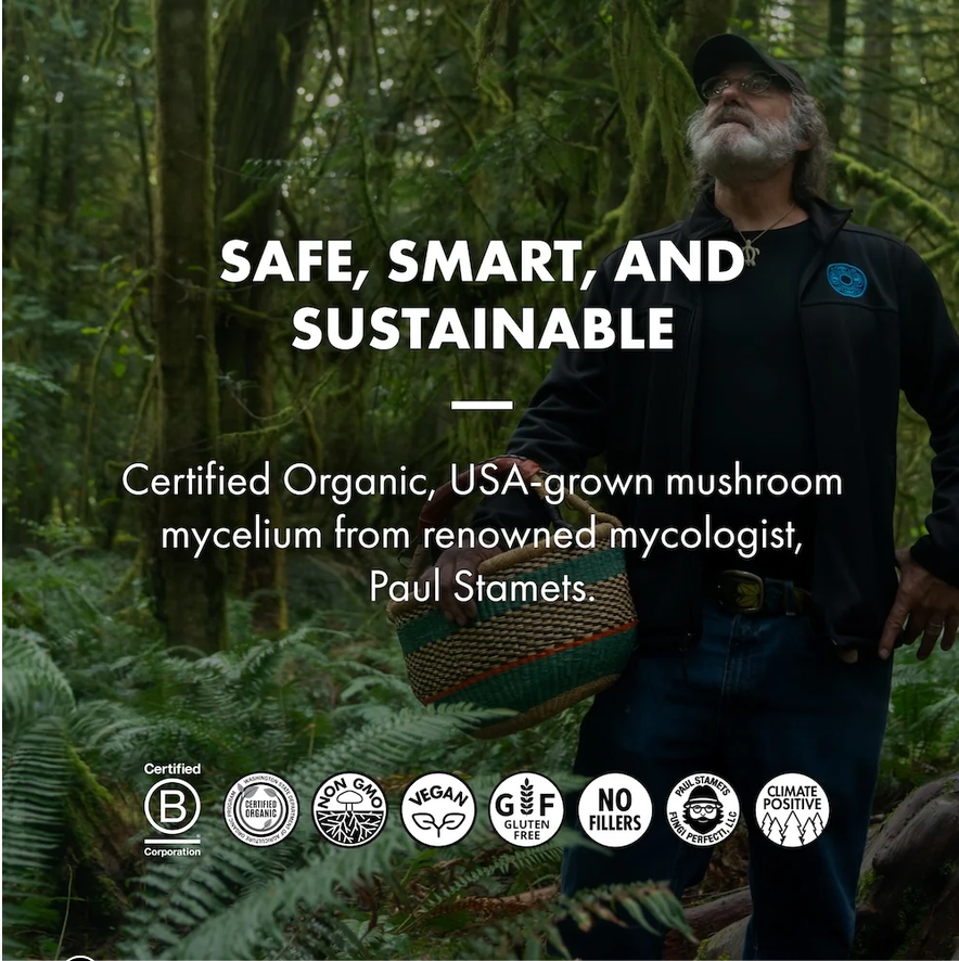 A man stands in a mossy forest setting wearing a black cap, black shirt, and blue jeans, holding a woven basket. Large text reads 'SAFE, SMART, AND SUSTAINABLE' and mentions Certified Organic mushroom mycelium from Paul Stamets.