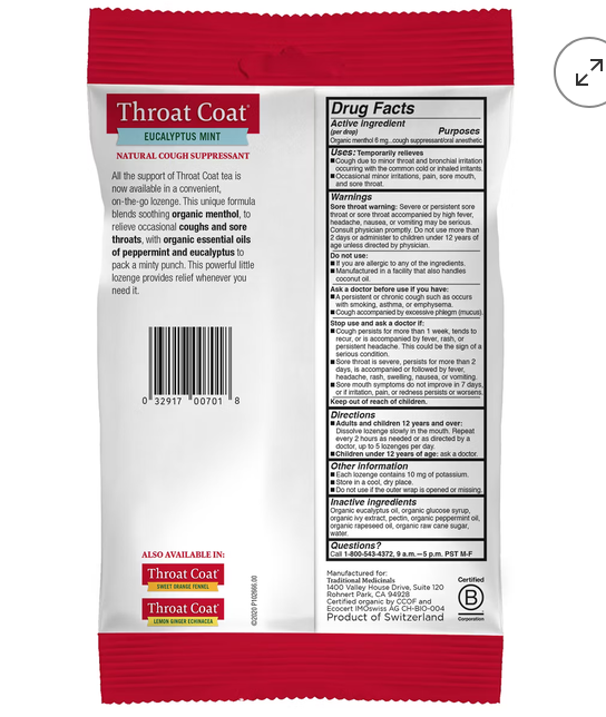 Traditional Medicinals Organic Throat Coat (Eucalyptus Mint)