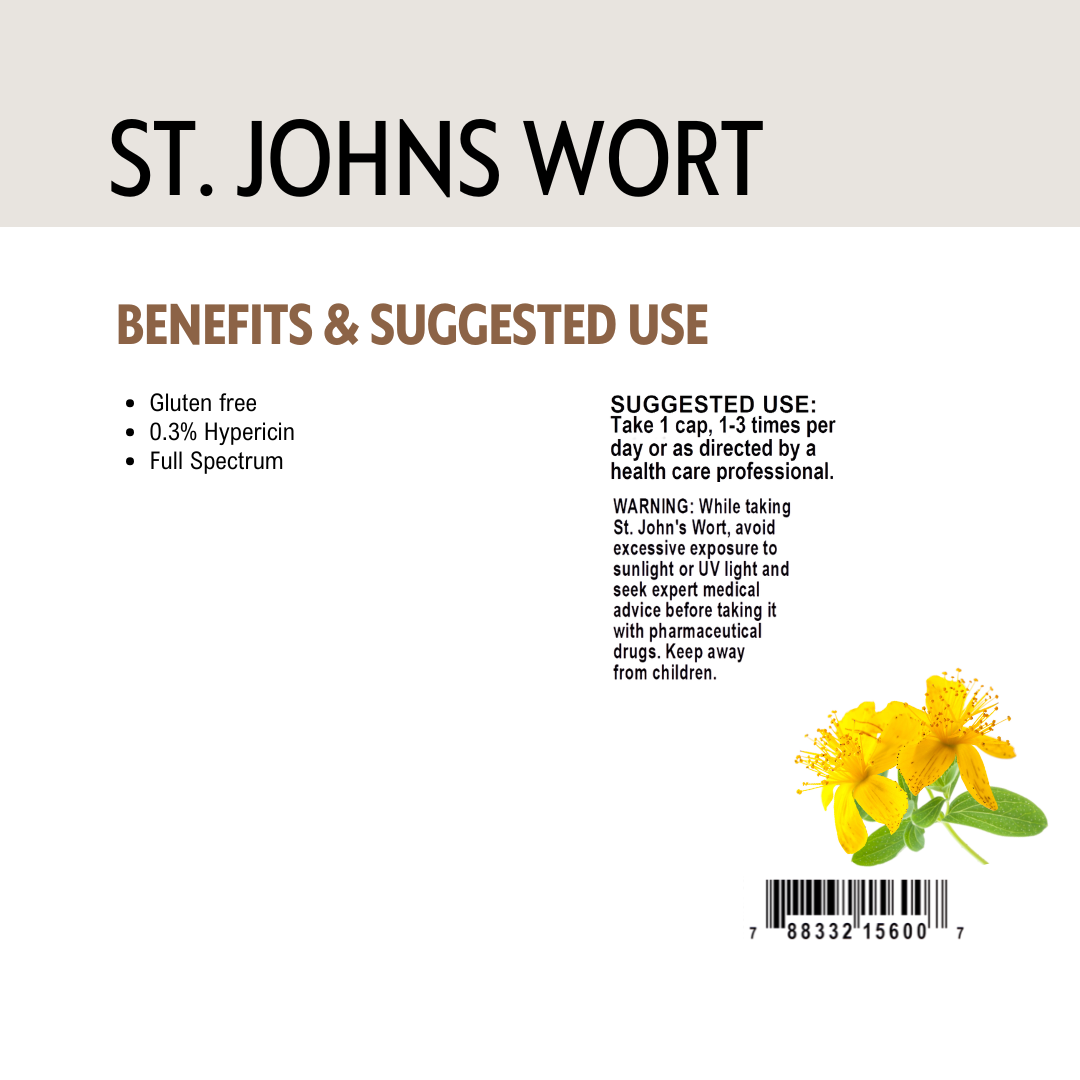St. John's Wort product label with benefits, barcode, suggested use, and warning information.